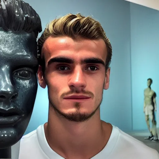 Image similar to “ a realistic detailed photo of a guy who is an attractive humanoid who is half robot and half humanoid, who is a male android, soccer player antoine griezmann, shiny skin, posing like a statue, blank stare, at the museum, on display ”