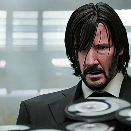 Image similar to cinematic still of John Wick burning a pile of CDs in John Wick (2009). shallow depth of field, cinematic