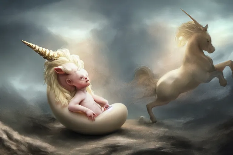 Image similar to a baby unicorn coming out of a egg, matte painting, concept art, digital art, trending on artstation, 4 k, extremely detailed, realistic, fantasy art, boris vallejo