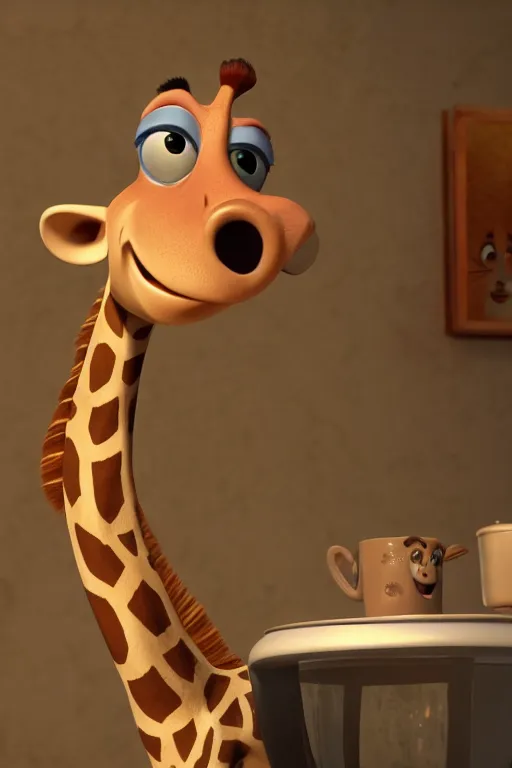 Image similar to a giraffe with big eyes looking for a cup of coffee in beautiful morning café in Paris. Pixar Disney 4K 3d render funny animation movie Oscar winning trending on ArtStation and Behance. Ratatouille style.