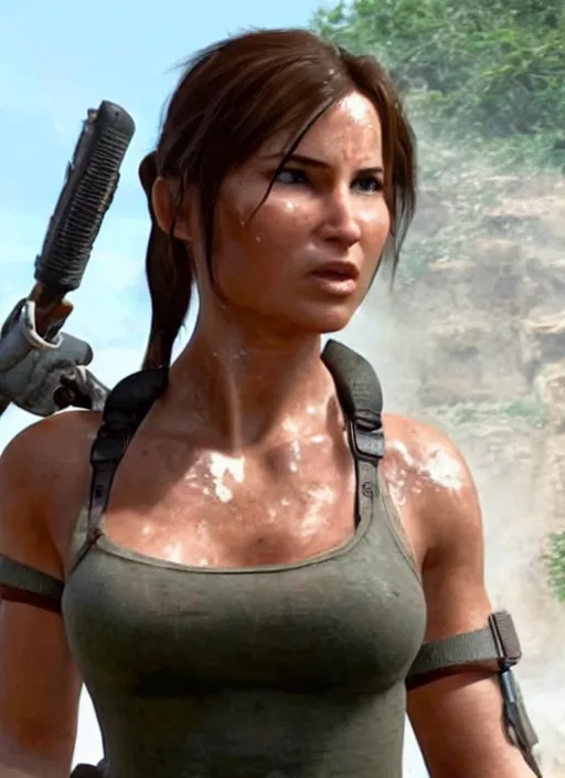 Image similar to an film still of lara croft face getting sweat because of the sun heat, she looks thirsty