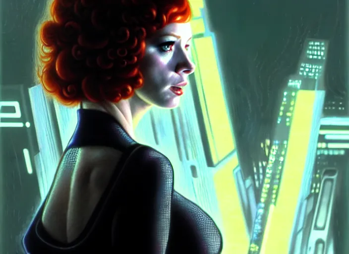 Image similar to film still of christina hendricks in bladerunner wearing a cyberpunk costume, frontal view, intricate, elegant, highly detailed, centered, digital painting, artstation, concept art, smooth, sharp focus, illustration, artgerm, tomasz alen kopera, peter mohrbacher, donato giancola, joseph christian leyendecker, wlop, boris vallejo