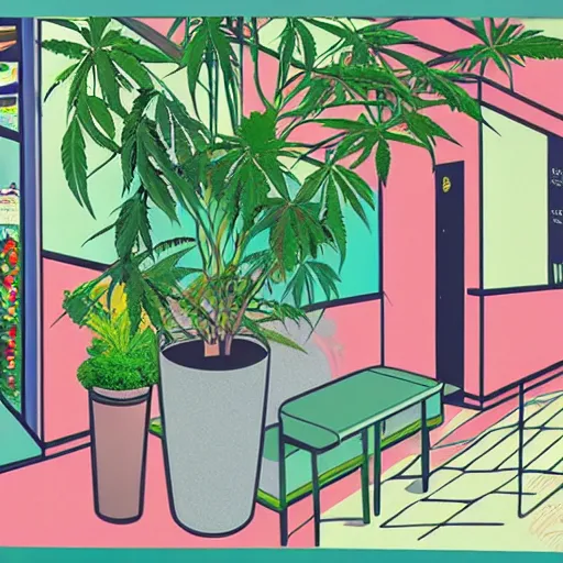 Prompt: taiwanese style cafe australian, decorated with cannabis pot plants 🪴 utopia frontage, pop art poster, beautiful colors pastel palette by will barnet