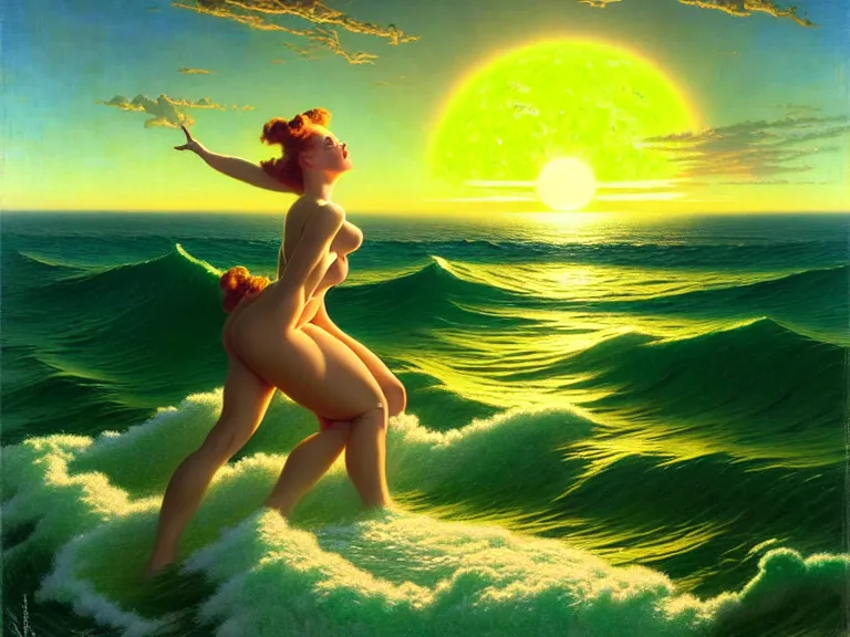 Prompt: the sun rising just above the horizon over the sea by gil elvgren and tim hildebrandt and donato giancola and ted withers and peter driben and greg rutkowski and roberto ferri, green water, synthwave, retrowave, highly detailed, high contrast, intricate details, blended palette, trending on art station, stunning visuals, creative, cinematic