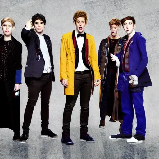 Prompt: doctor who characters in a boy band on stage