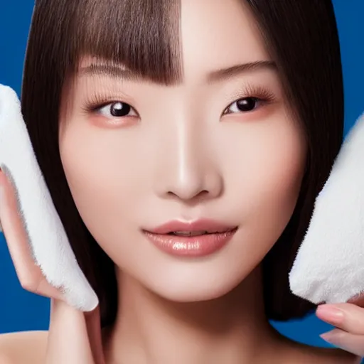 Prompt: an advertisement for a skin care product with a beautiful chinese model with a thin face, soft light