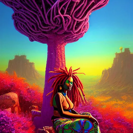 Image similar to an exotic african cyberpunk woman with colorful dreadlocks sitting on a cliff overlooking a field of colorful flowers with a giant glowing baobab tree in the middle, it is sunset, by greg rutkowski and android jones and Alena Aenami in a surreal cyberpunk! style, oil on canvas, 8k hd,