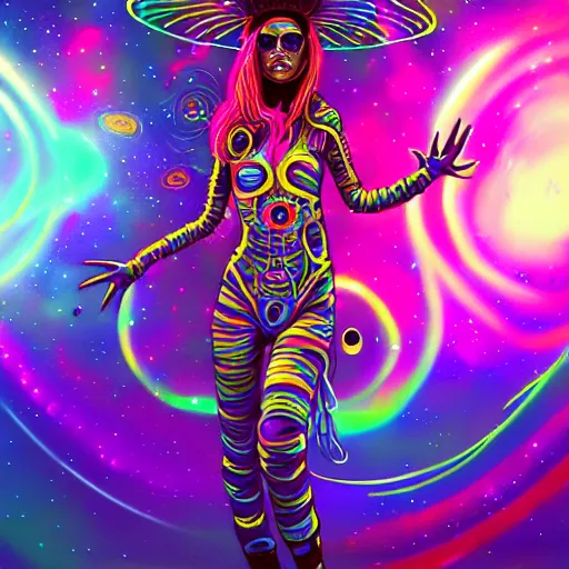 Image similar to A space pirate girl having an extremely colorful psychedelic experience in outerspace, warping time and space, magic mushrooms, psilocybin, LSD, face, space helmet, futuristic, detailed, intricate, elegant, highly detailed, digital painting, artstation, concept art, smooth, sharp focus, illustration, art by Krenz Cushart and Artem Demura and Alphonse Mucha