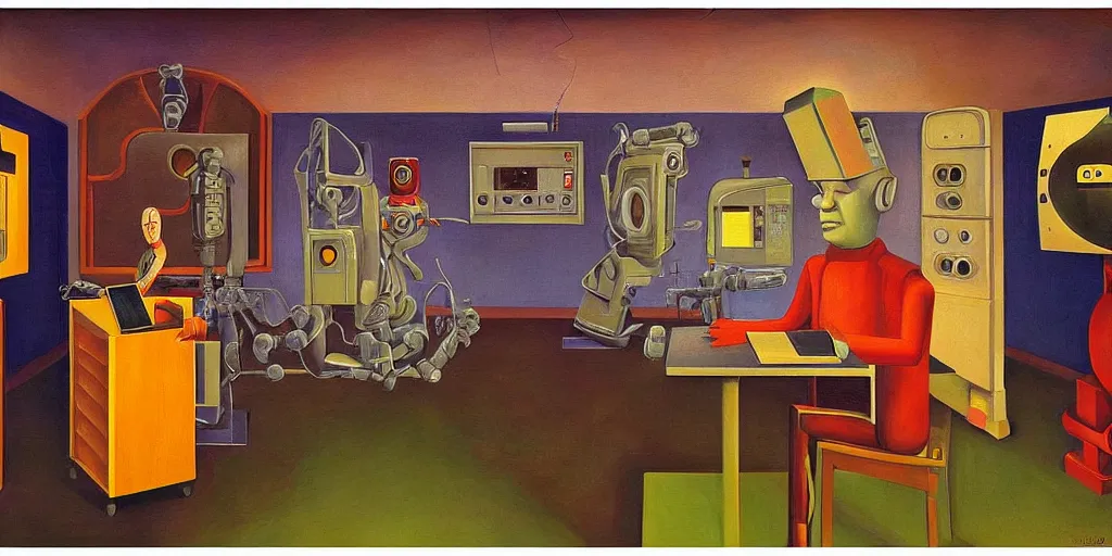 Image similar to robot using a control panel portrait, lowbrow, pj crook, grant wood, edward hopper, oil on canvas