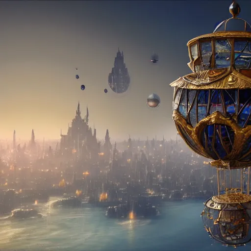 Image similar to enormous flying city in a gigantic faberge egg, sky, steampunk, flying islands, fantasy art, unreal engine,