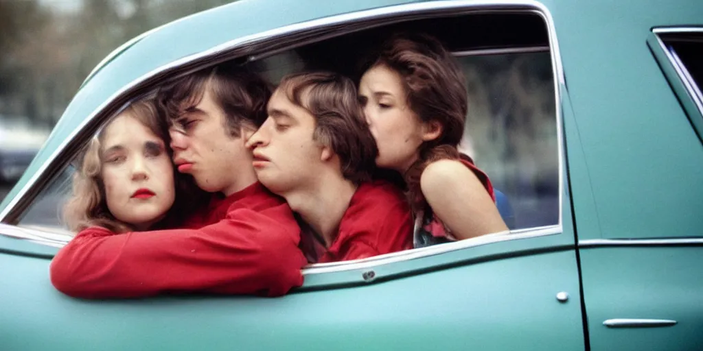 Image similar to 1 9 7 0 s car window closeup, young man and woman kissing in the back seat closeup, coloured film photography, view from below, elliott erwitt photography