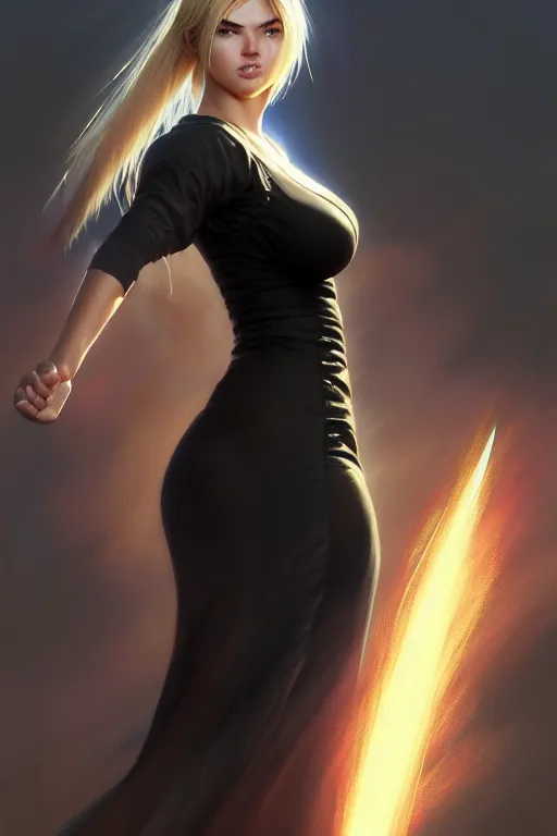 Image similar to Tekken 4 fighter anime Stunning Portrait of Kate Upton wearing a long black dress by Greg Rutkowski, blonde long hair, in a fighting stance, digital painting, artstation, concept art, soft light, hdri, smooth, sharp focus, illustration, art by tian zi, craig mullins, Mark Arian, WLOP, alphonse mucha