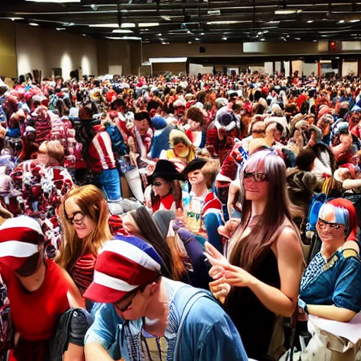 Prompt: a realistic photo from a Where's Waldo cosplayer convention