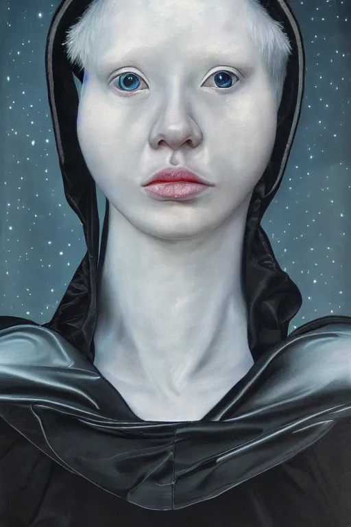 Image similar to hyperrealism oil painting, close - up portrait of albino medieval fashion model, black silk, steel gradient mixed with nebula sky, in style of baroque