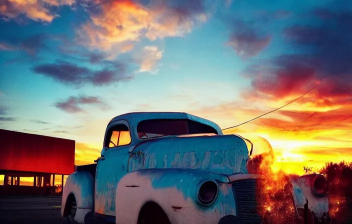 Image similar to a sunset light landscape with historical route 6 6, lots of sparkling details and sun ray ’ s, blinding backlight, smoke, volumetric lighting, colorful, octane, 3 5 mm, abandoned gas station, old rusty pickup - truck, beautiful epic colored reflections, very colorful heavenly, softlight