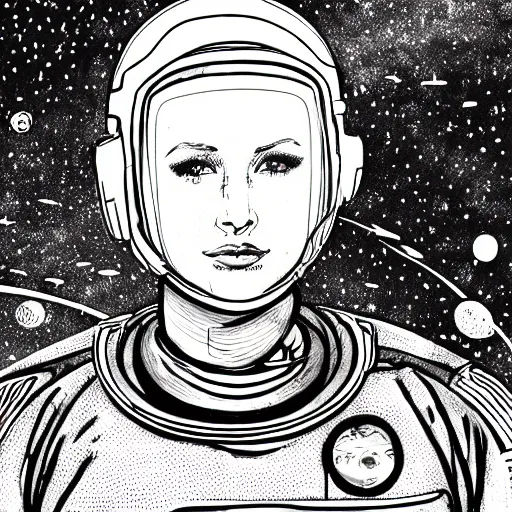 Image similar to illustration of butch tomboy stoic emotionless square - jawed heroic blonde woman astronaut, space helmet, piloting tiny spacecraft through wormhole, pen and ink, ron cobb, mike mignogna, comic book, black and white, science fiction, punk, grunge, used future, illustration, comic book cover, - ar 1 6 : 9