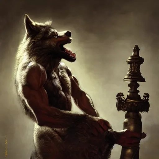 Image similar to wolf werewolf wolfman bodybuilder wearing a monk robes holding incense burner. natural lighting by ruan jia, portrait