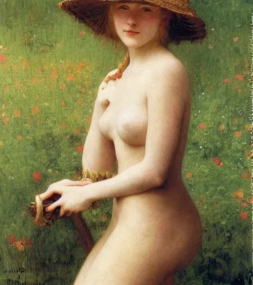 Prompt: annasophia robb with straw hat, john bauer and bouguereau