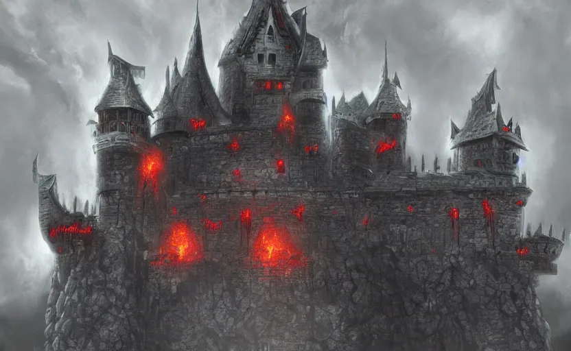 Image similar to menacing castle in hell dominates the landscape, digital art, trending on artstation