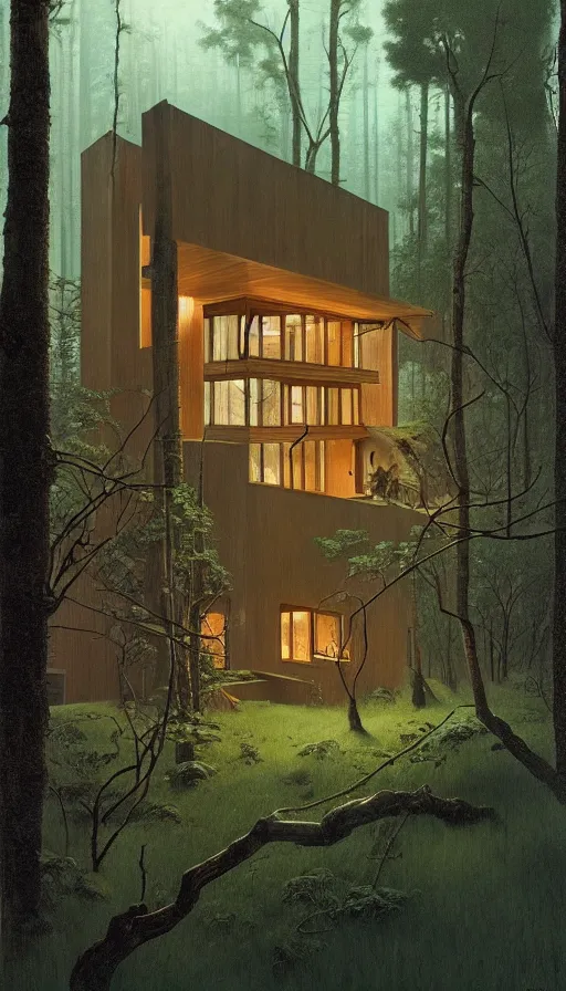 Image similar to cozy ultra modern home in the woods moody lighting, highly detailed, painting by zdzisław beksinski and norman rockwell and greg rutkowskiweta studio, and lucasfilm