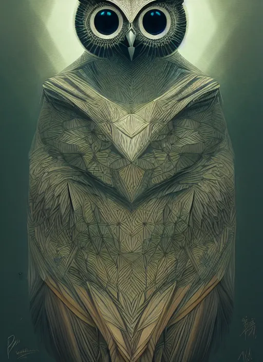 Image similar to portrait of a geometric owl, identical eyes, medium shot, illustration, full body made of white feathers, symmetrical, art stand, super detailed, cinematic lighting, and its detailed and intricate, gorgeous, by peter mohrbacher