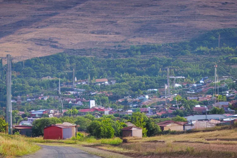 Prompt: looking down a road with warehouses on either side. hill background with radio tower on top. telephoto lens compression.