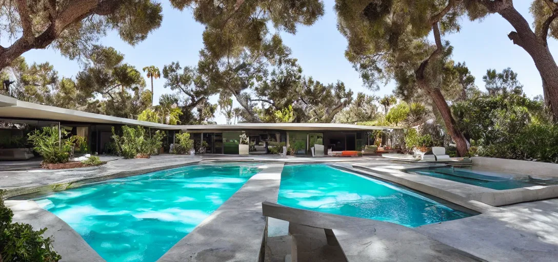 Image similar to midcentury house made of pentelic marble, designed by ictinus and callicrates. neptune pool in backyard. built in 1 9 5 9 in santa monica. owned by hollywood executive