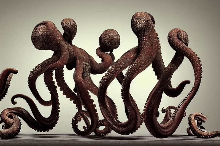 Image similar to a group of octopuses sitting next to each other on a table, a surrealist sculpture by john backderf, trending on zbrush central, pop surrealism, lovecraftian, cosmic horror, grotesque