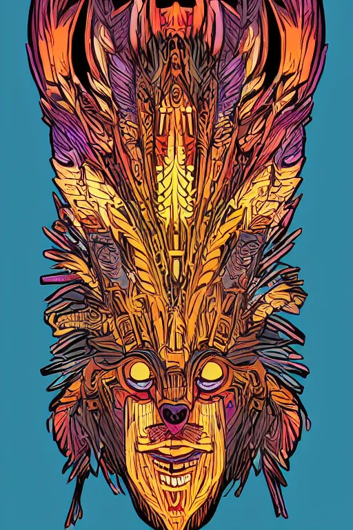 Image similar to totem animal mask tribal feather gemstone plant wood rock shaman vodoo video game vector cutout illustration vivid color borderlands comics by josan gonzales and dan mumford radiating a glowing aura