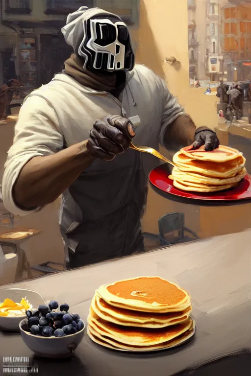 Prompt: mf doom making pancakes animation pixar style, by magali villeneuve, artgerm, jeremy lipkin and michael garmash, rob rey and kentaro miura style, golden ratio, trending on art station