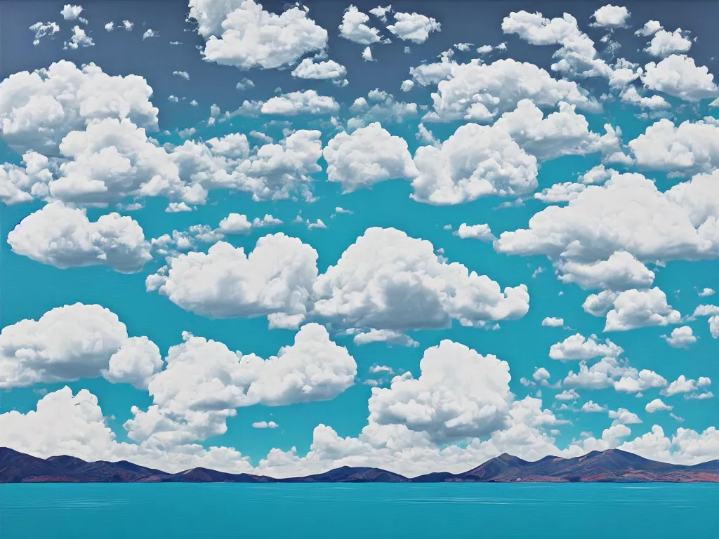 Image similar to hyperrealism general plan composition on the borders of the picture mountains, clouds, trees, sea and waves, empty space in the middle, pop - art style, jacky tsai style, acrylic on canvas