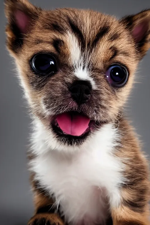 Prompt: insanely cute puppy kitten hybrid, studio photo, realistic, 8 k