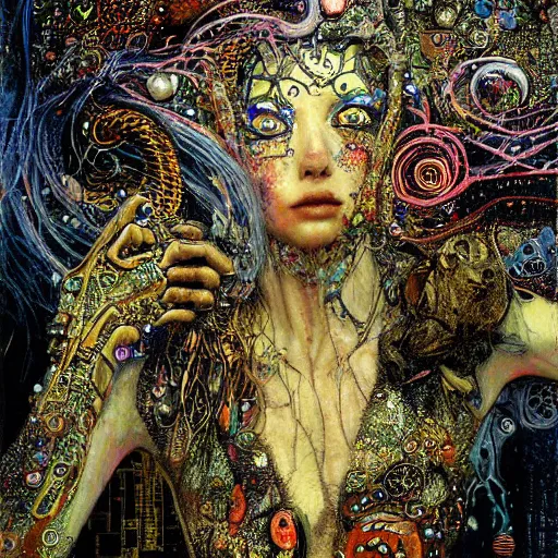 Image similar to depraved cybernetic demon tripping on lsd, circuitry, intricate detail, klimt, royo,