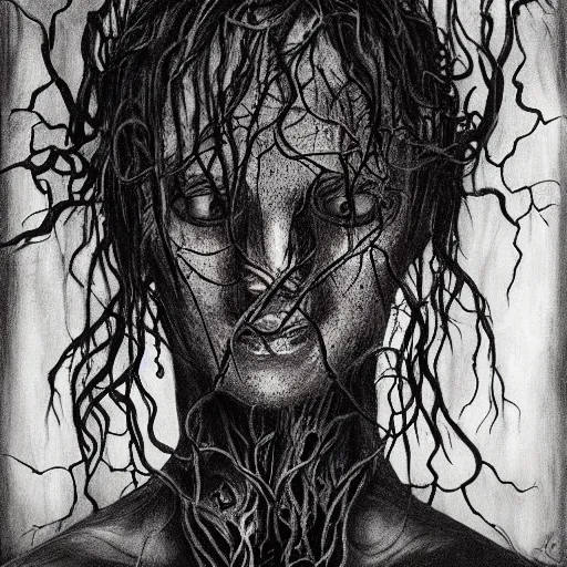 Prompt: award - winning painting of person infested with pitch black, tar - like, shadow roots with lots of tendrils on the skin, black veins, intricate detail, deep black roots, infestation, shadowy, lovecraftian, beksinksi, black and white, chiaroscuro, portrait painting