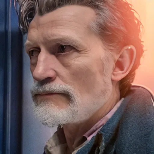 Image similar to tom holland as a rough dirty old man with a scruffy beard in a dark blue trenchcoat as the new doctor who, cinematic, volumetric lighting, f 8 aperture, cinematic eastman 5 3 8 4 film, photorealistic