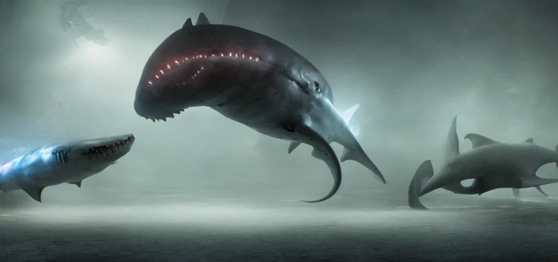 Prompt: a ghost shark attacking a robotic octopus, foggy, cinematic shot, photo still from movie by denis villeneuve, wayne barlowe