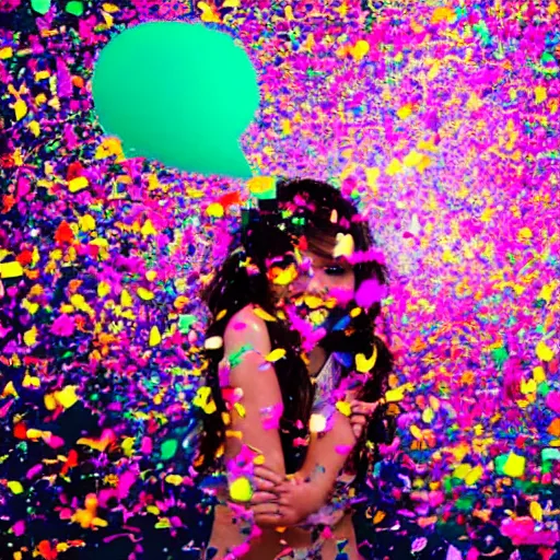 Image similar to girl exploding into a cloud of confetti, festive, neon, bright colors, daytime