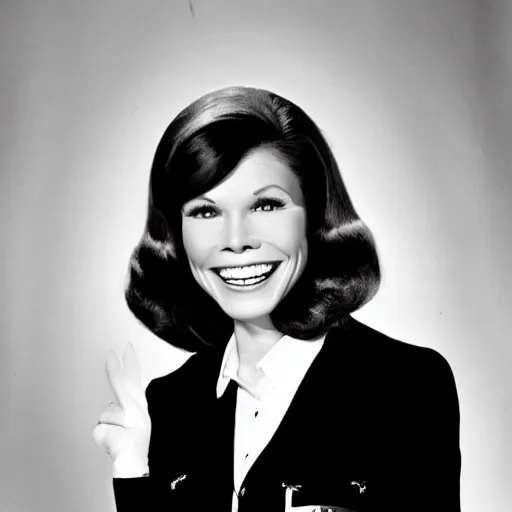 Image similar to a black and white photo of Mary Tyler Moore in her younger days while on the famous TV show she was on in the 60's.