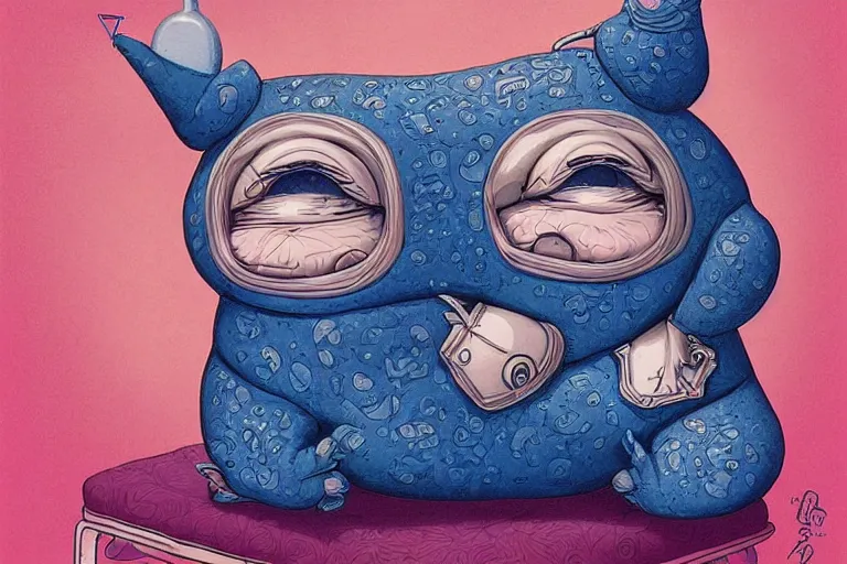 Prompt: a highly detailed pink chubby stuffed animal with dark blue shirt, on a couch, full body, wide angle, an ultrafine detailed painting by joe fenton, trending on deviantart, pop surrealism, whimsical, lowbrow, perfect symmetrical face, sharp focus, octane, masterpiece