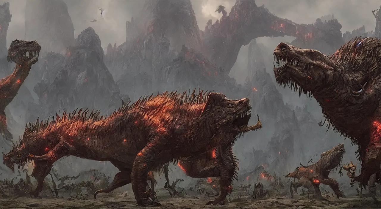 Image similar to technicolor glowing prehistoric beasts, surrounded by slate grey walls, insane details, dramatic lighting, unreal engine 5, concept art, greg rutkowski, james gurney, johannes voss, hasui kawase.