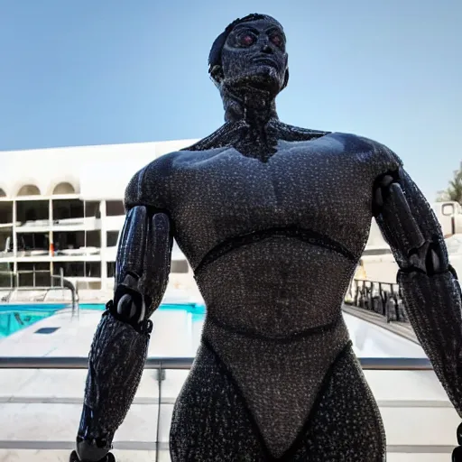 Image similar to a realistic detailed photo of a guy who is an attractive humanoid who is half robot and half humanoid, who is a male android, wrestler aj ferrari, shiny skin, posing like a statue, blank stare, by the pool, on display, showing off his muscles, humanoid robot, frozen ice statue