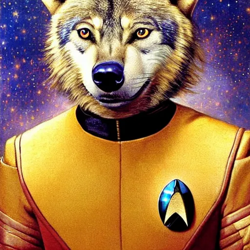 Image similar to a portrait of a wolf hyenaman canine star trek in a starfleet uniform chief engineer. highly detailed painting by gaston bussiere craig mullins jc leyendecker gustav klimt artgerm greg rutkowski furry