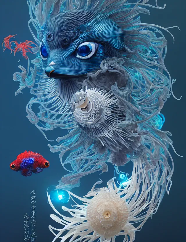 Prompt: 3 d eye of god. beautiful intricately detailed japanese crow kitsune mask and clasical japanese kimono. betta fish, jellyfish phoenix, bio luminescent, plasma, ice, water, wind, creature, artwork by tooth wu and wlop and beeple and greg rutkowski