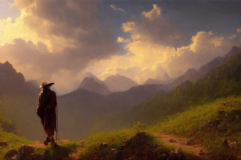 Image similar to a traveler wandering trough the mountains looking at the clouds, very detailed, oil painting, cinematic lighting, albert bierstadt, trending on artstation, colorful, canvas, sunset, hans dahl, grey cloak, brimmed hat, old man