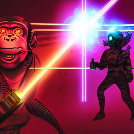 Prompt: a cyberpunk monkey shooting laser guns, sythwave