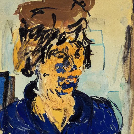 Image similar to painting of a woman sitting on a chair, staring at you, by georg baselitz