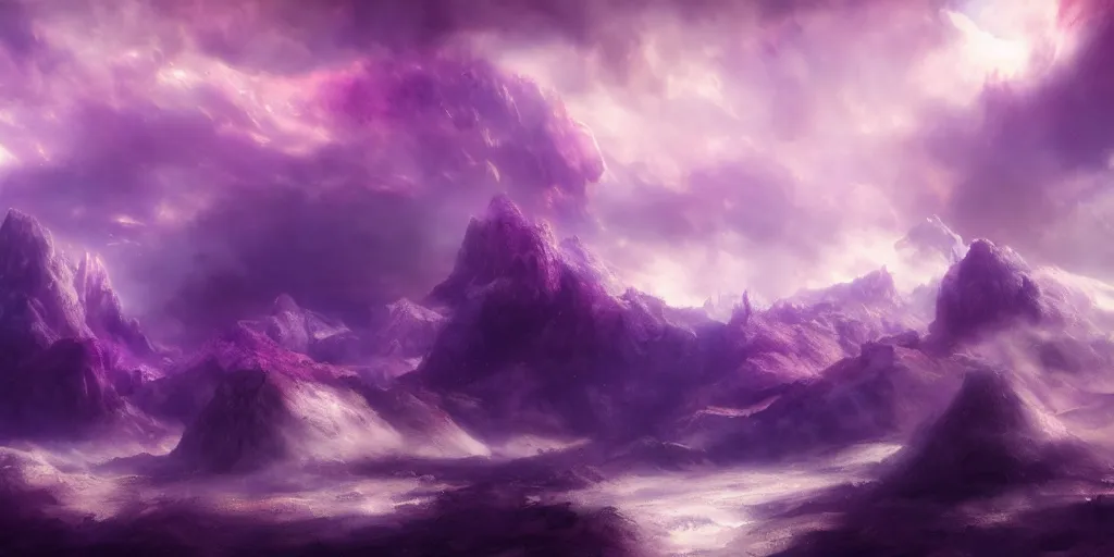 Prompt: a photo of white fur monster standing in a purple room, vivd color, detailed, cinematic landscape, atmospheric lightintg, colorfull sky, dynamic angle, good composition, fantasy world, upon the clouds, trending on artstation art by thomas moran