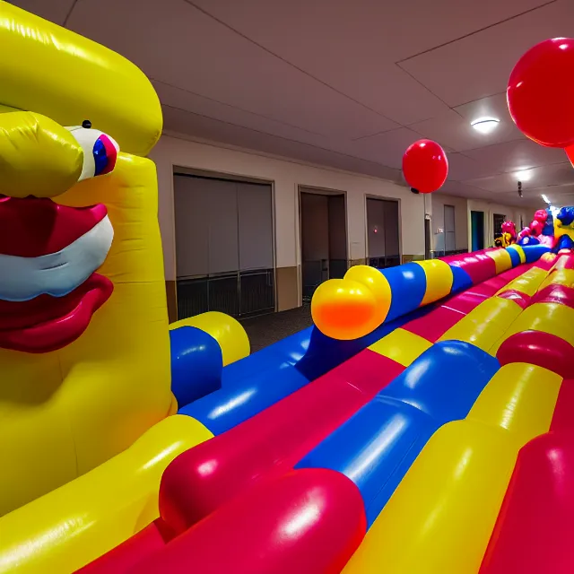 Prompt: , chased by a scary clown in an endless corridor made of bouncy castle, highly detailed, 8 k, hdr, smooth, sharp focus, high resolution, award - winning photo