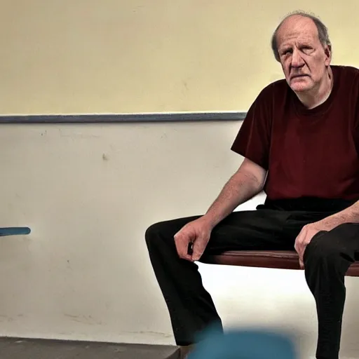 Image similar to wide angle portrait of werner herzog sitting alone in the waiting area of the dmv wearing a birthday hat. ultra wide angle, wes anderson, award winning, hyperrealistic, grand budapest hotel, studio lighting, very detailed face, chiaroscuro, film noir