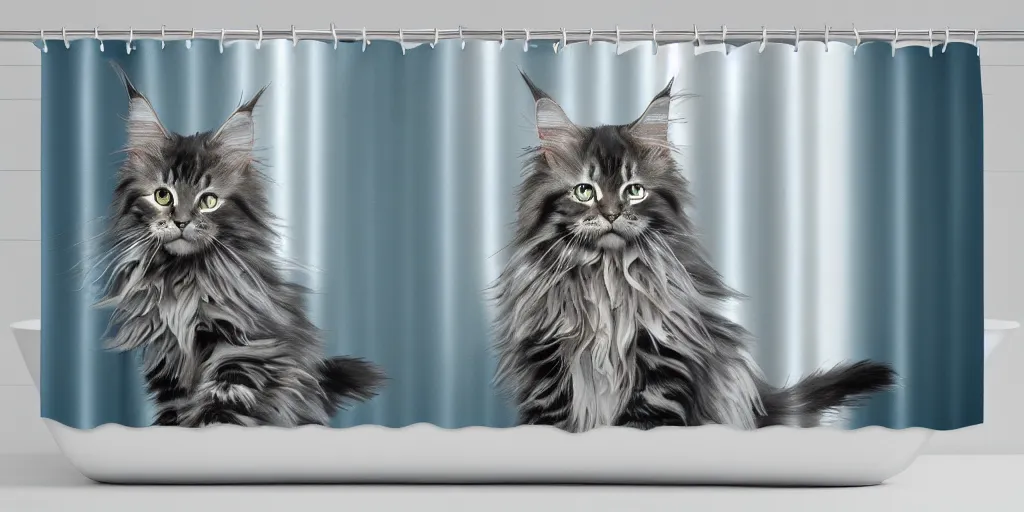 Image similar to a animated maine coon kitten artwork themed shower curtain, shower curtain. digital art. product photography. product lighting. 4 k, highly detailed. saturated.